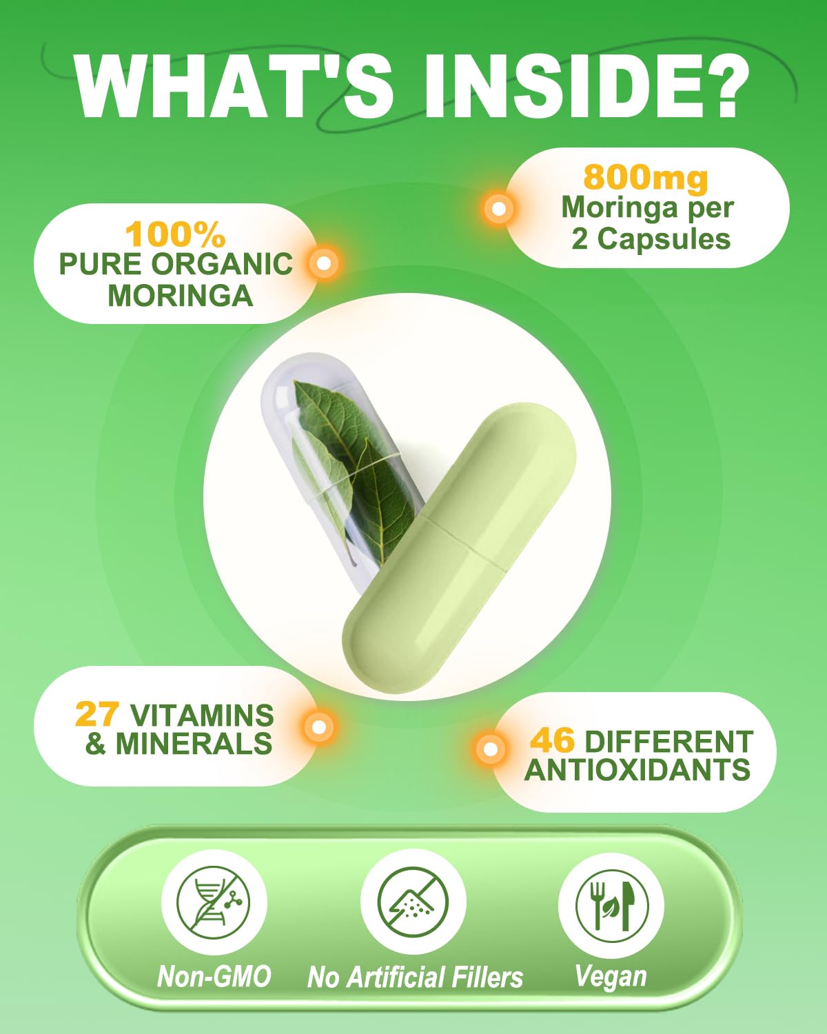 Close-up of Moringa capsules, vegan supplement with immune-supporting nutrients.