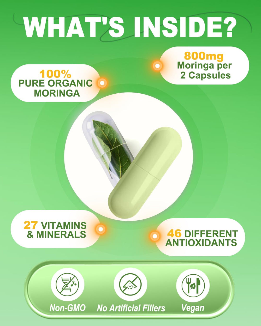 Close-up of Moringa capsules, vegan supplement with immune-supporting nutrients.