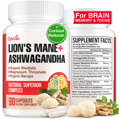 Zylvrax Ashwagandha Lions Mane capsules front label for focus support.
