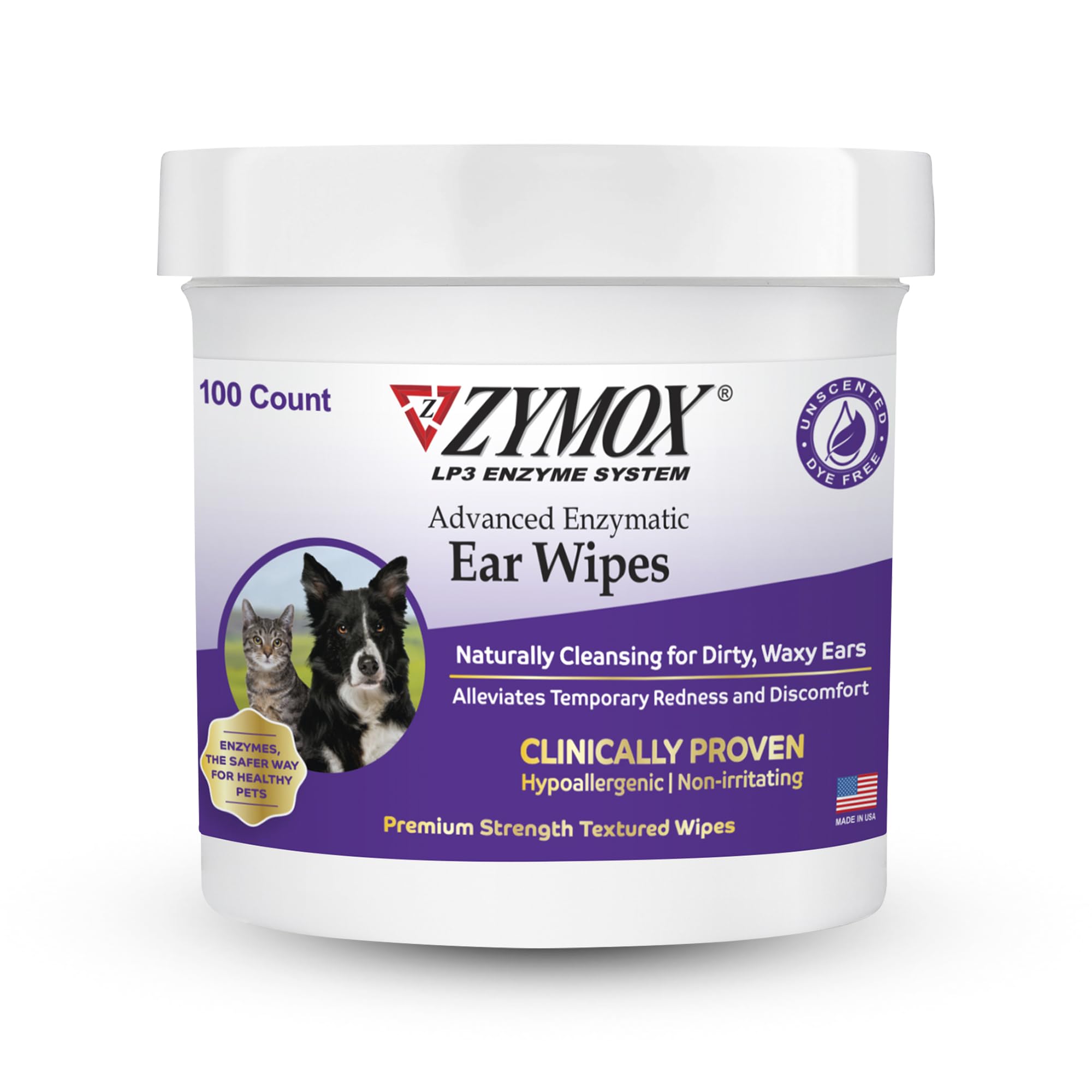 Zymox Advanced Ear Wipes 100ct package: premium, hypoallergenic ear care for dogs and cats.