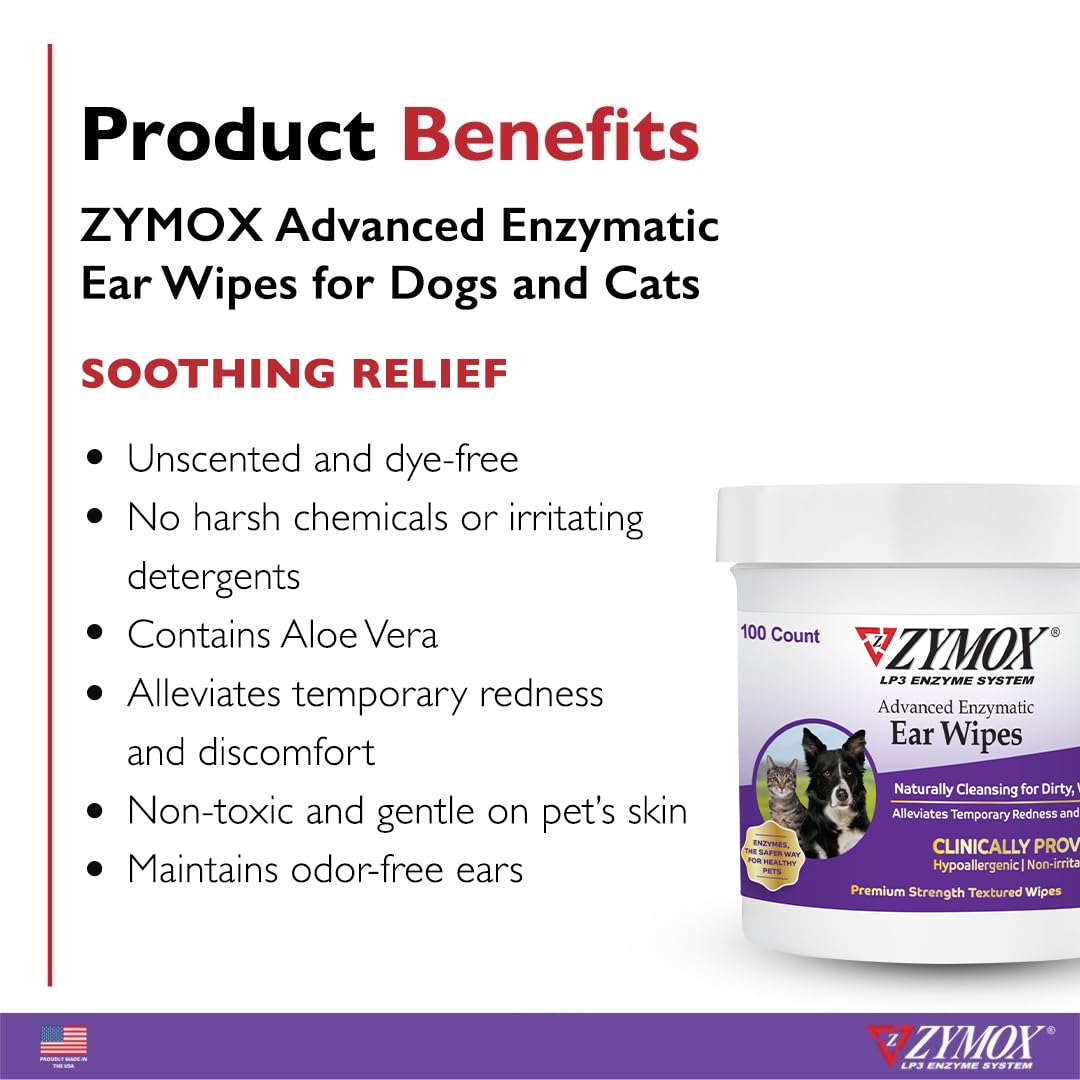 Zymox Advanced Ear Wipes application closeup shows gentle dirt and wax removal.