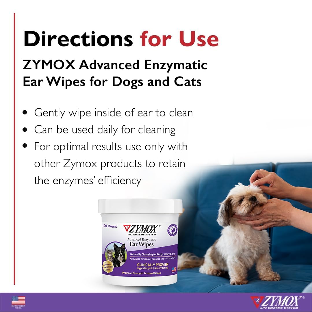 Zymox Advanced Ear Wipes dogs-use closeup: clean ears and comfortable daily care.