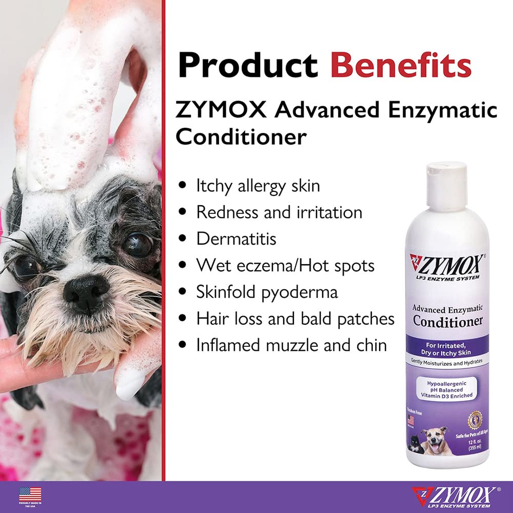 Zymox conditioner being applied to a pet coat for easier detangling.