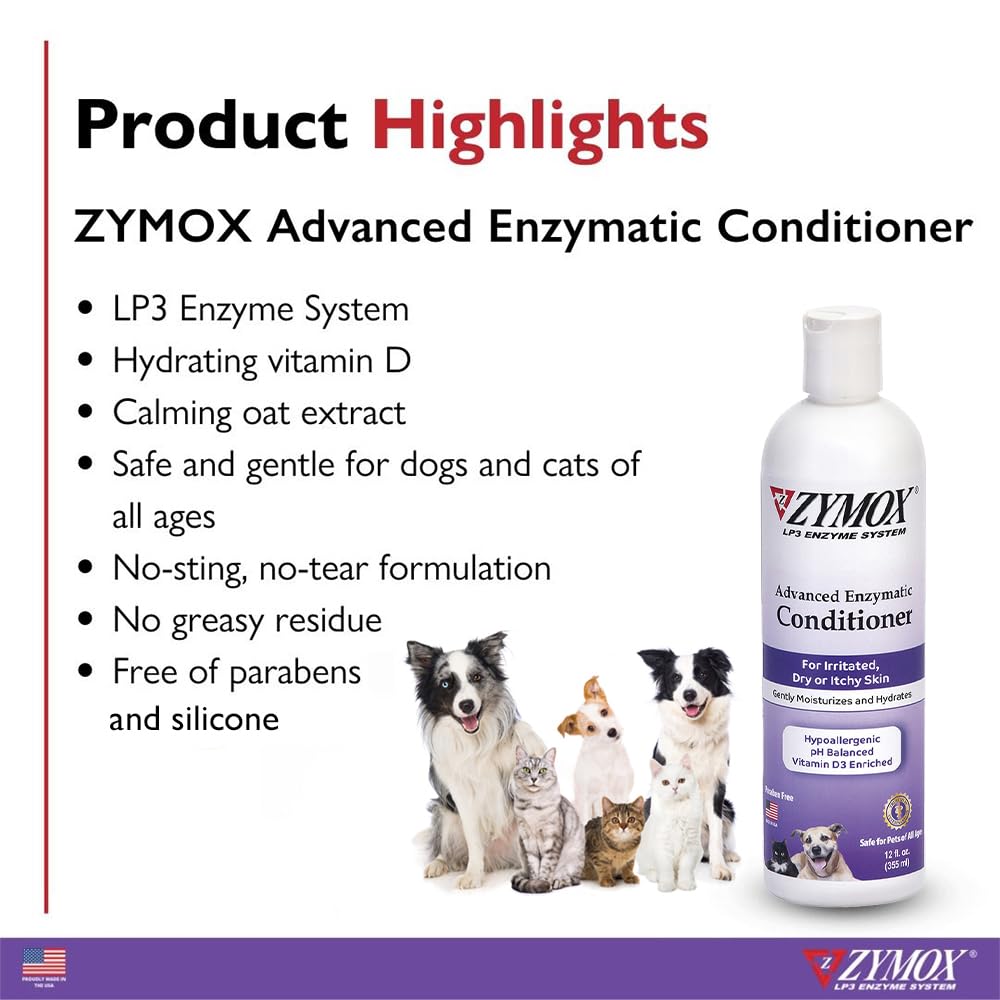 Zymox conditioner label detailing LP3 enzyme system and nourishing ingredients.