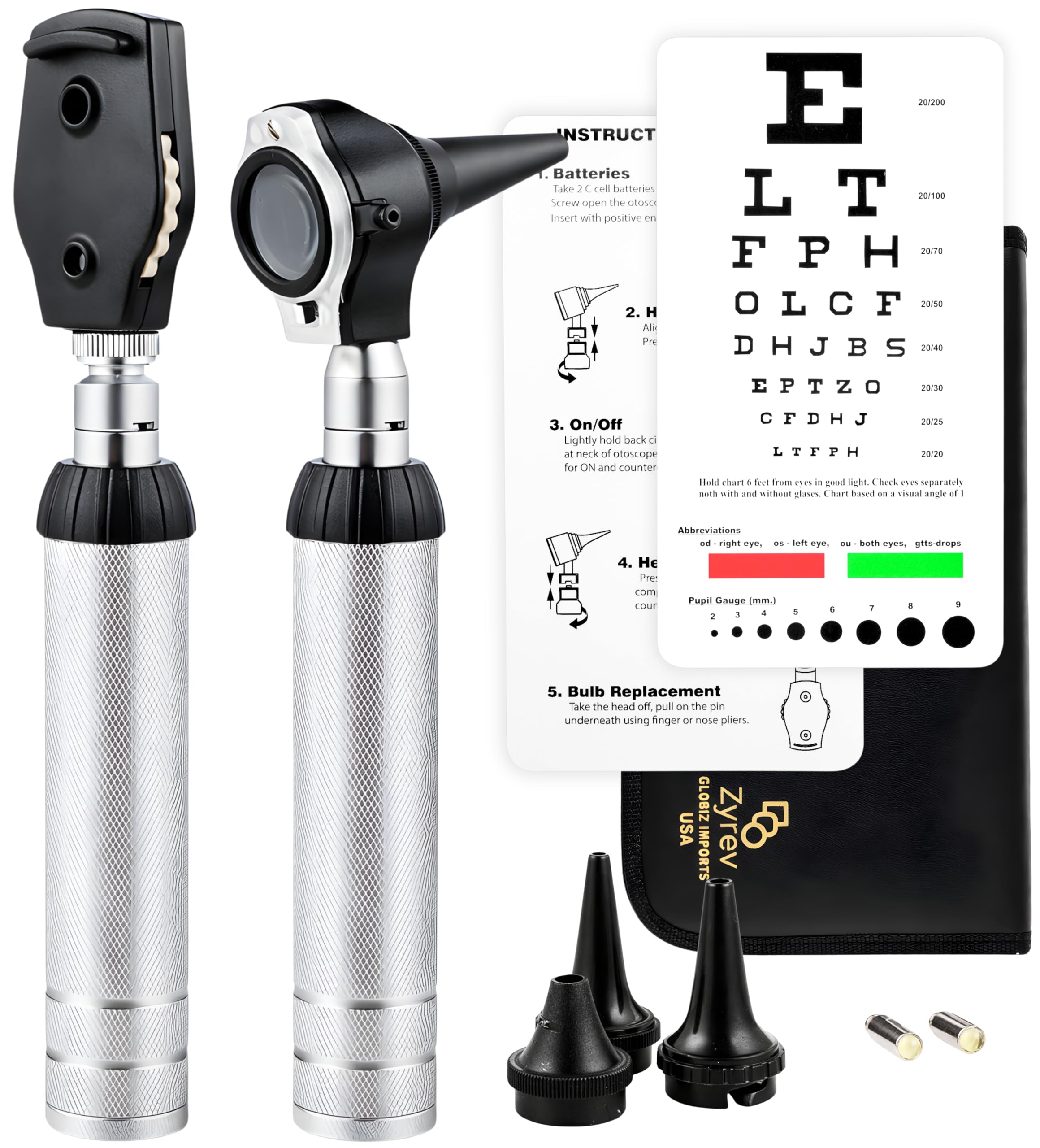 ZYREV 2-in-1 Otoscope Ophthalmoscope set shown with case for portable student exams
