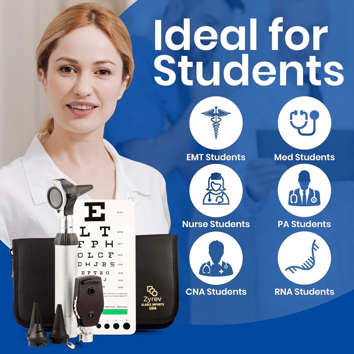 ZYREV ophthalmoscope head used for eye exam practice with bright illumination