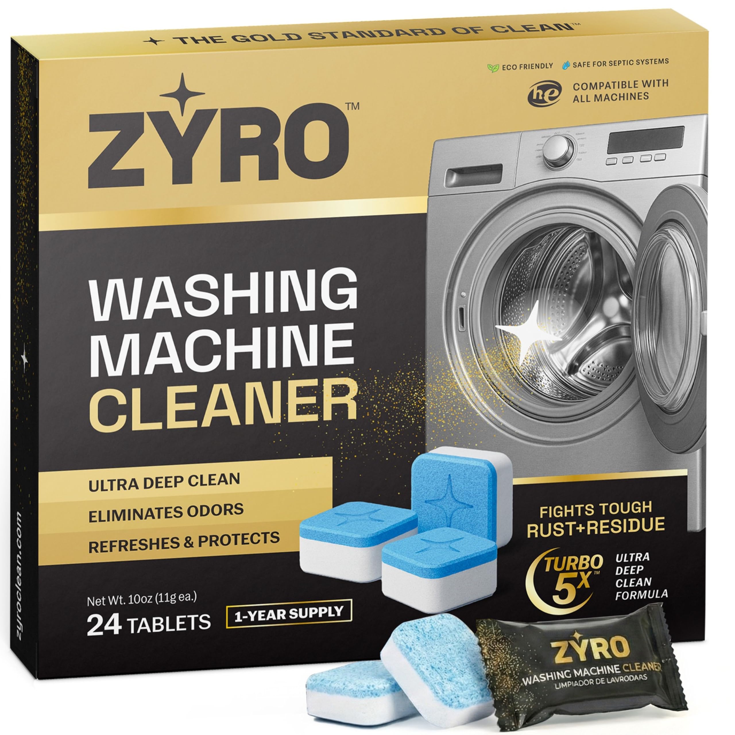 ZYRO PLUS washing-machine cleaner tablets for tub and drum deep cleaning.