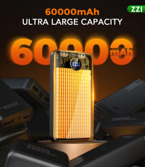 ZZI 60000mAh side view highlighting its slim form for easy pocket carrying.