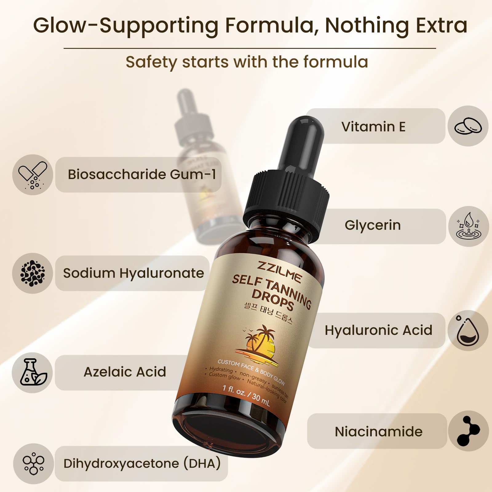 ZZILME self tanning drops face application on skin sample