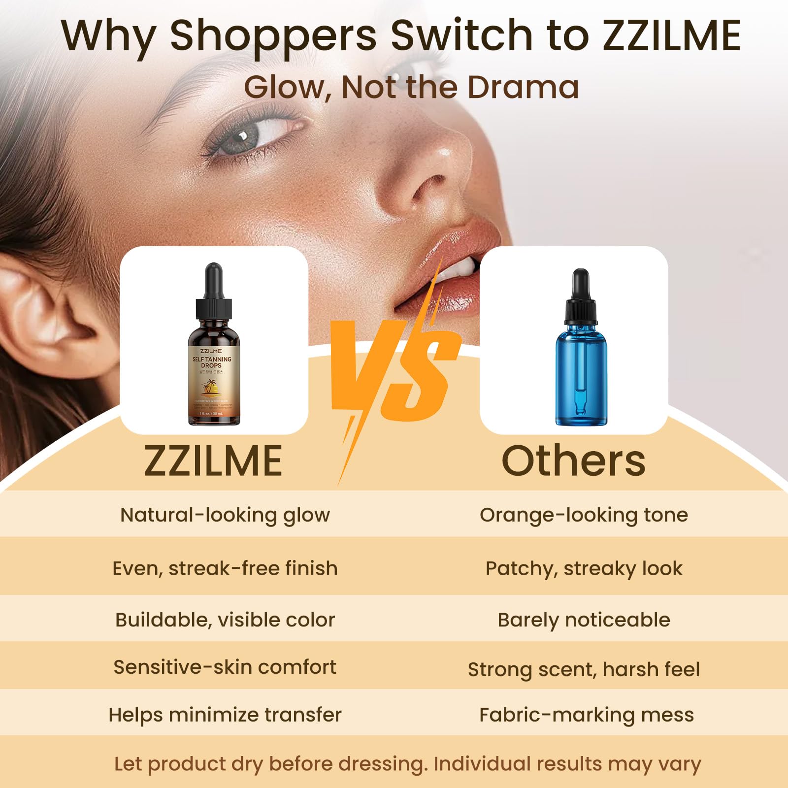 ZZILME self tanning drops hydration boost on skin
