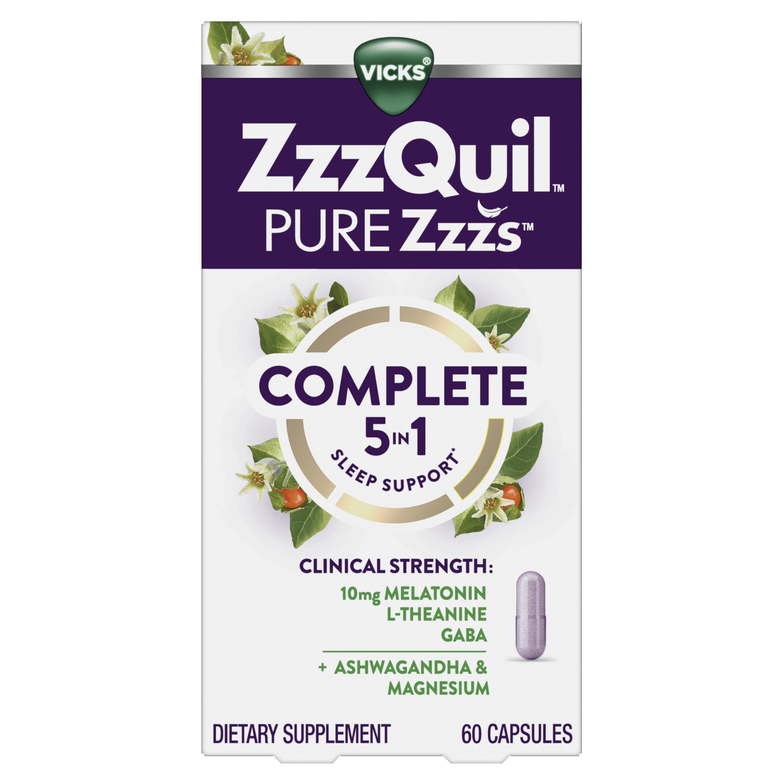 ZzzQuil Pure Zzzs Complete Sleep bottle front showing 10 mg melatonin for sleep onset.