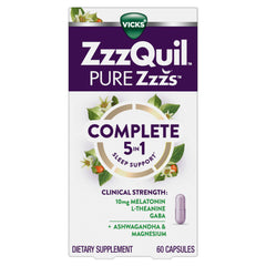 ZzzQuil Pure Zzzs Complete Sleep bottle front showing 10 mg melatonin for sleep onset.