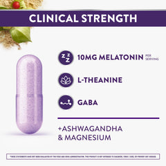 Closeup of ZzzQuil capsules featuring L-Theanine and GABA for calm relaxation.
