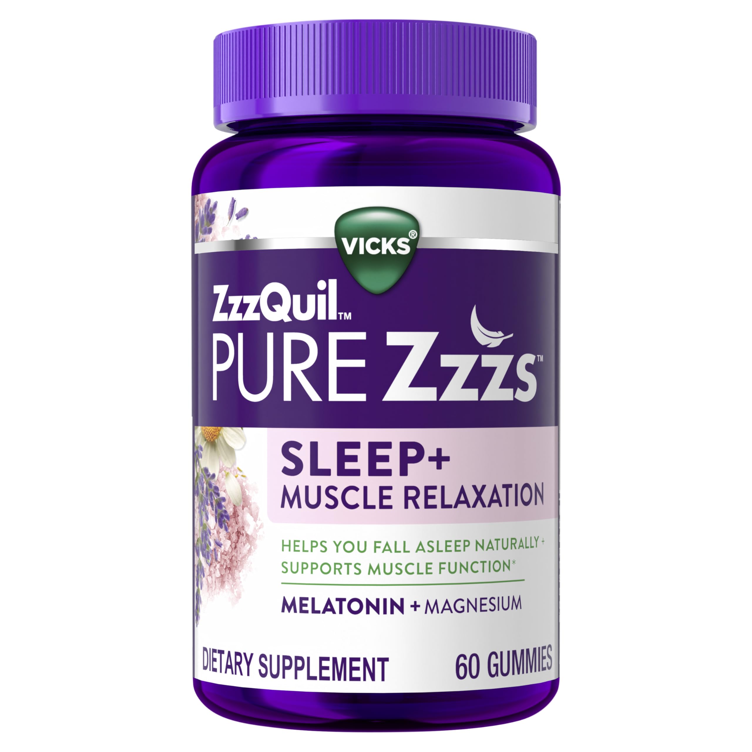 ZzzQuil PURE Zzzs bottle shown for muscle relaxation support before bed