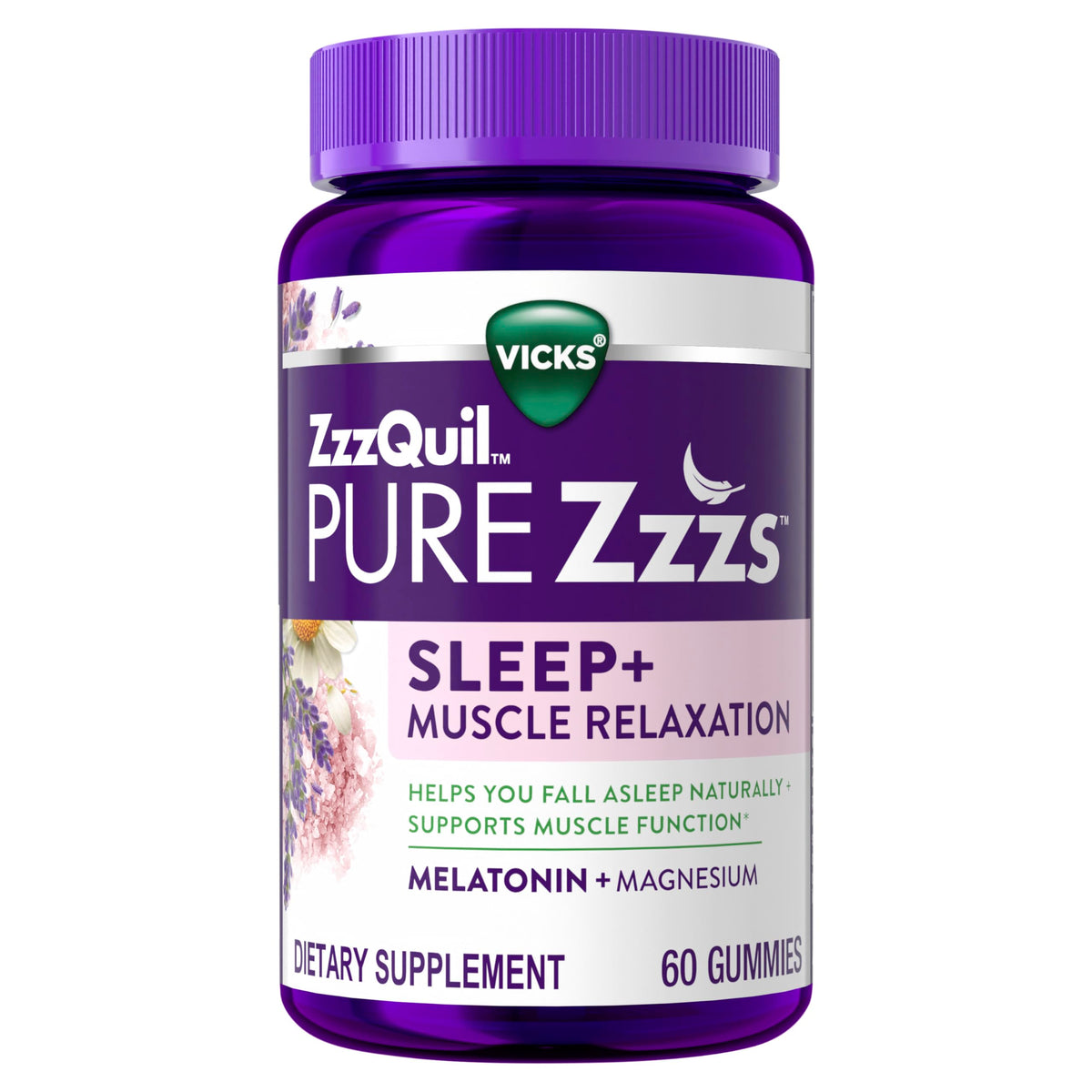 ZzzQuil PURE Zzzs bottle shown for muscle relaxation support before bed