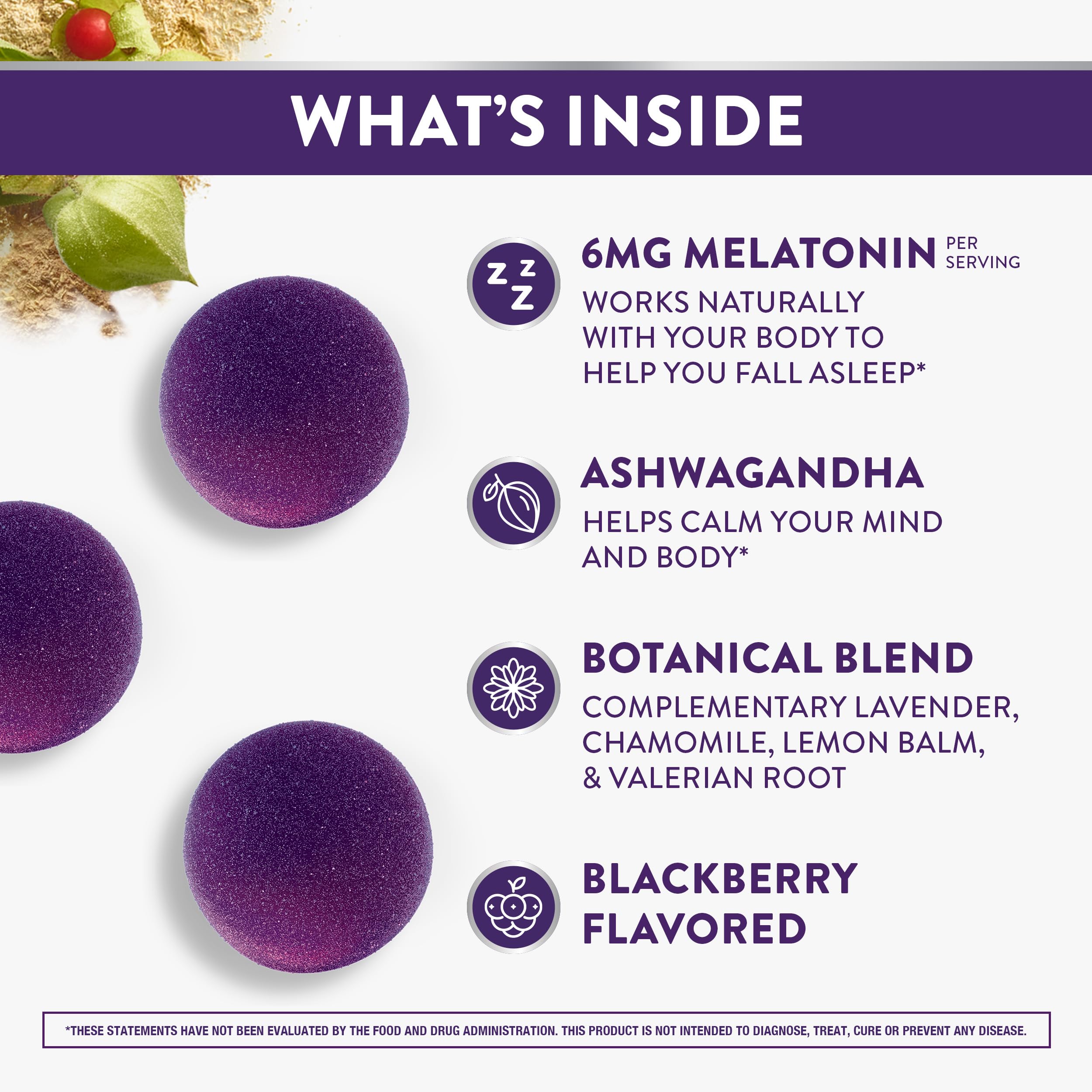 Close-up of ZzzQuil PURE Zzzs 6mg melatonin gummies showing natural sleep support