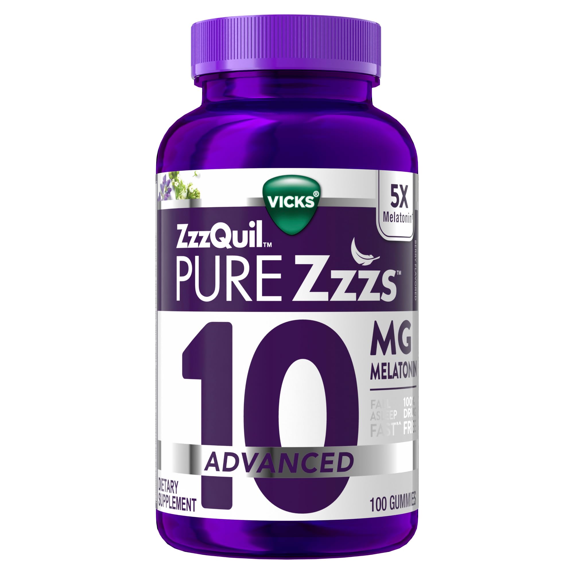 ZzzQuil Pure Zzzs berry-flavored gummies bottle may support a smoother bedtime routine with chamomile and lavender.