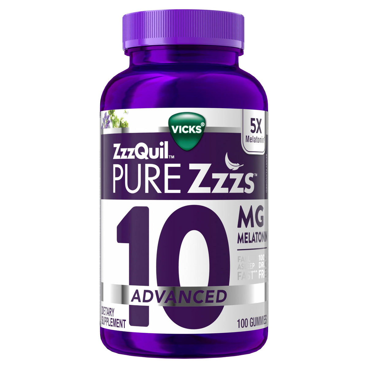 ZzzQuil Pure Zzzs berry-flavored gummies bottle may support a smoother bedtime routine with chamomile and lavender.