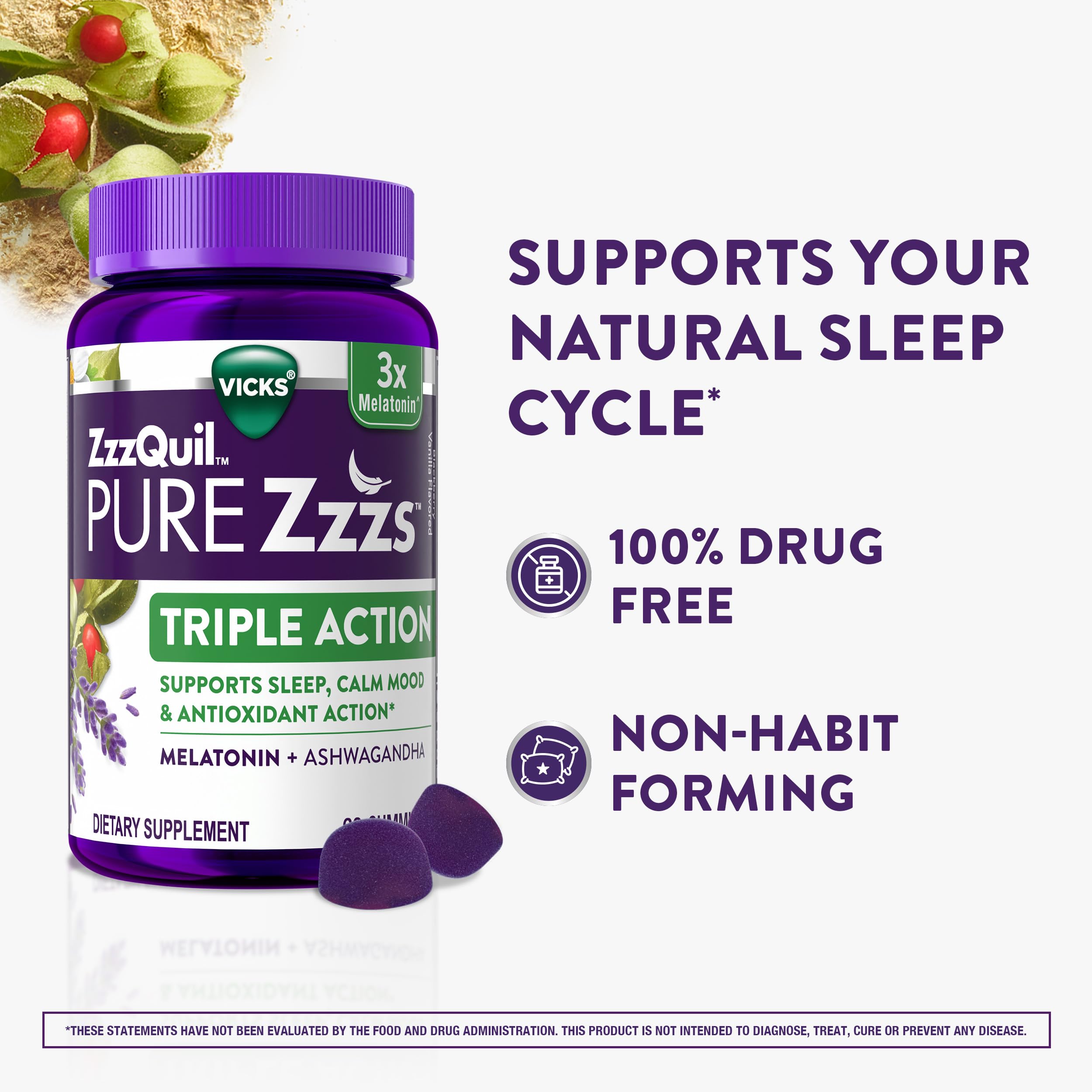 Ashwagandha-infused ZzzQuil PURE Zzzs gummies with botanical blend for stress support
