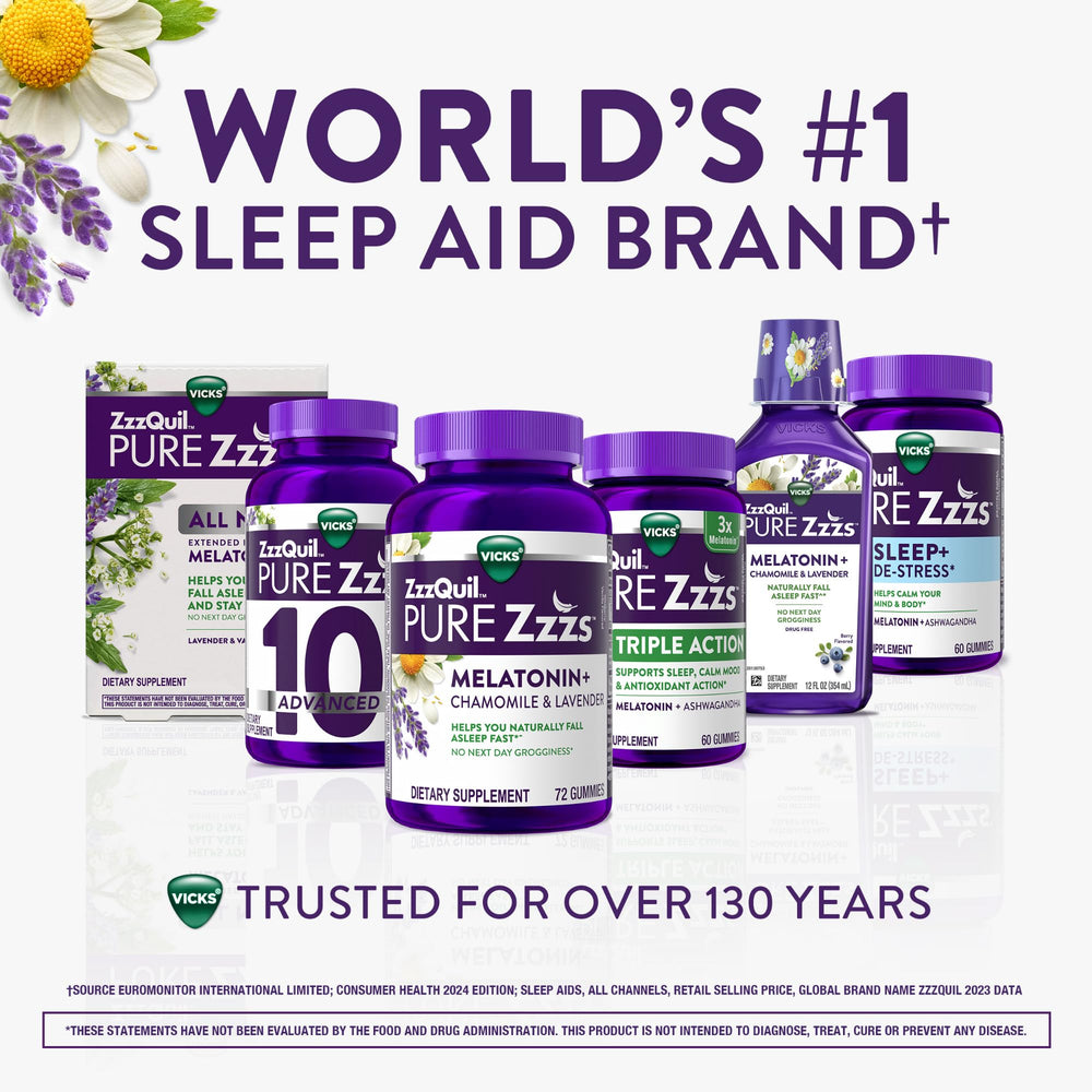 ZzzQuil Pure Zzzs bi-layer tablet packaging showcases product format.