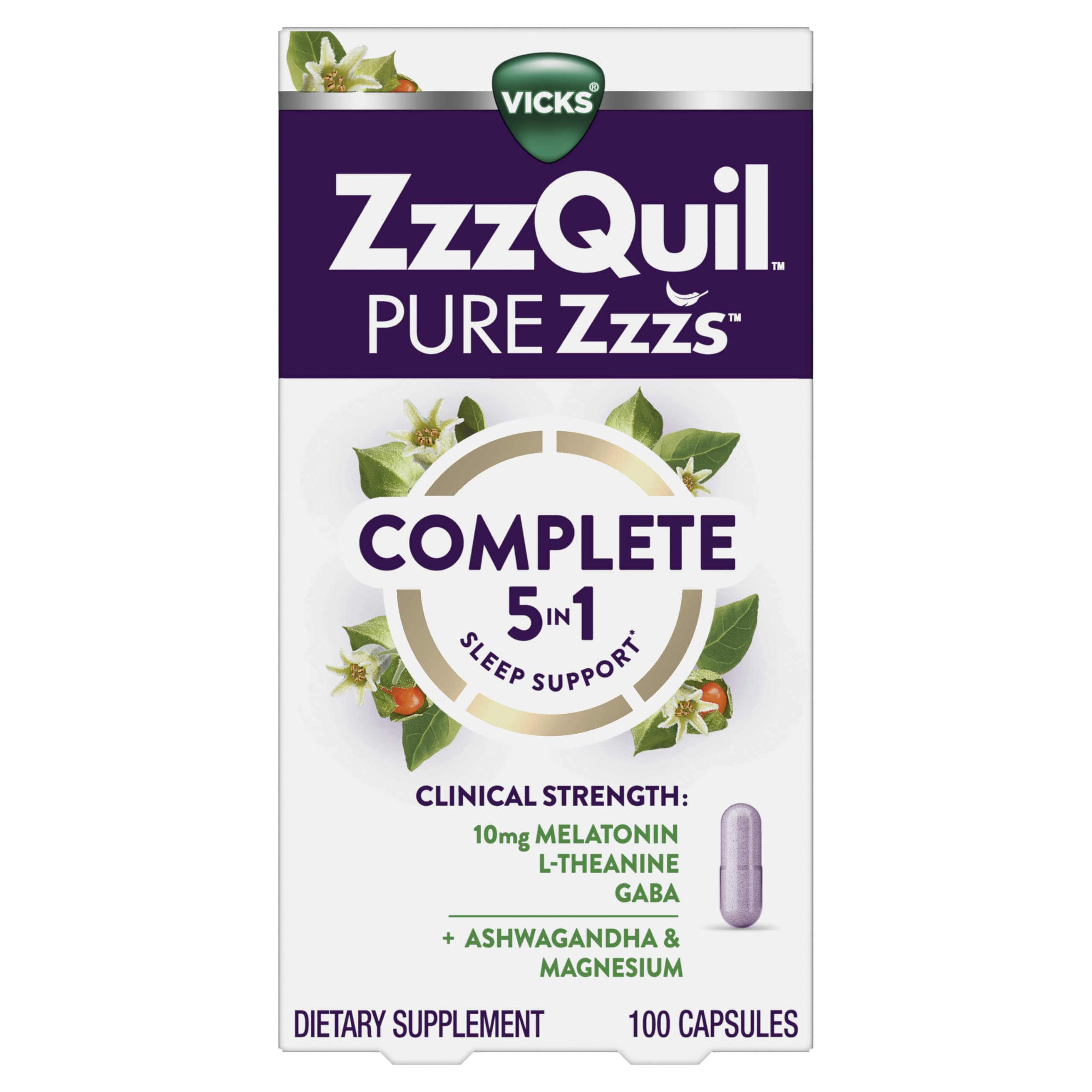 ZzzQuil Pure Zzzs Complete Sleep bottle supports rest-ready evenings.