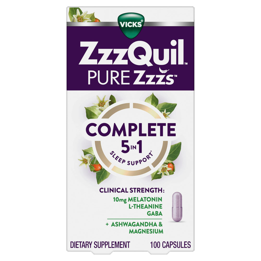 ZzzQuil Pure Zzzs Complete Sleep bottle supports rest-ready evenings.