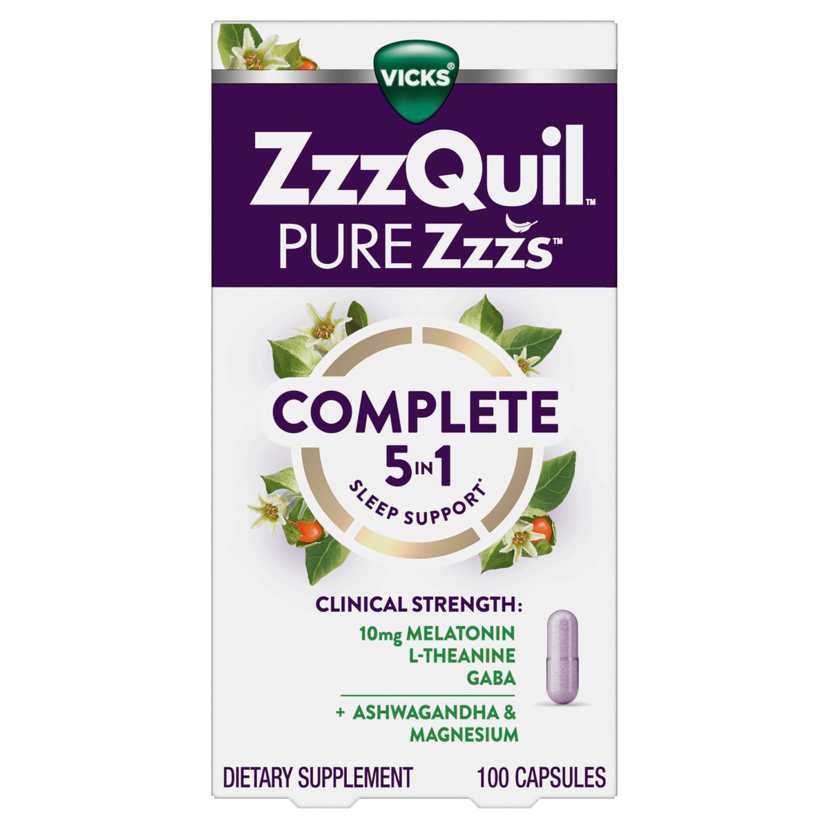 ZzzQuil Pure Zzzs Complete Sleep bottle supports rest-ready evenings.