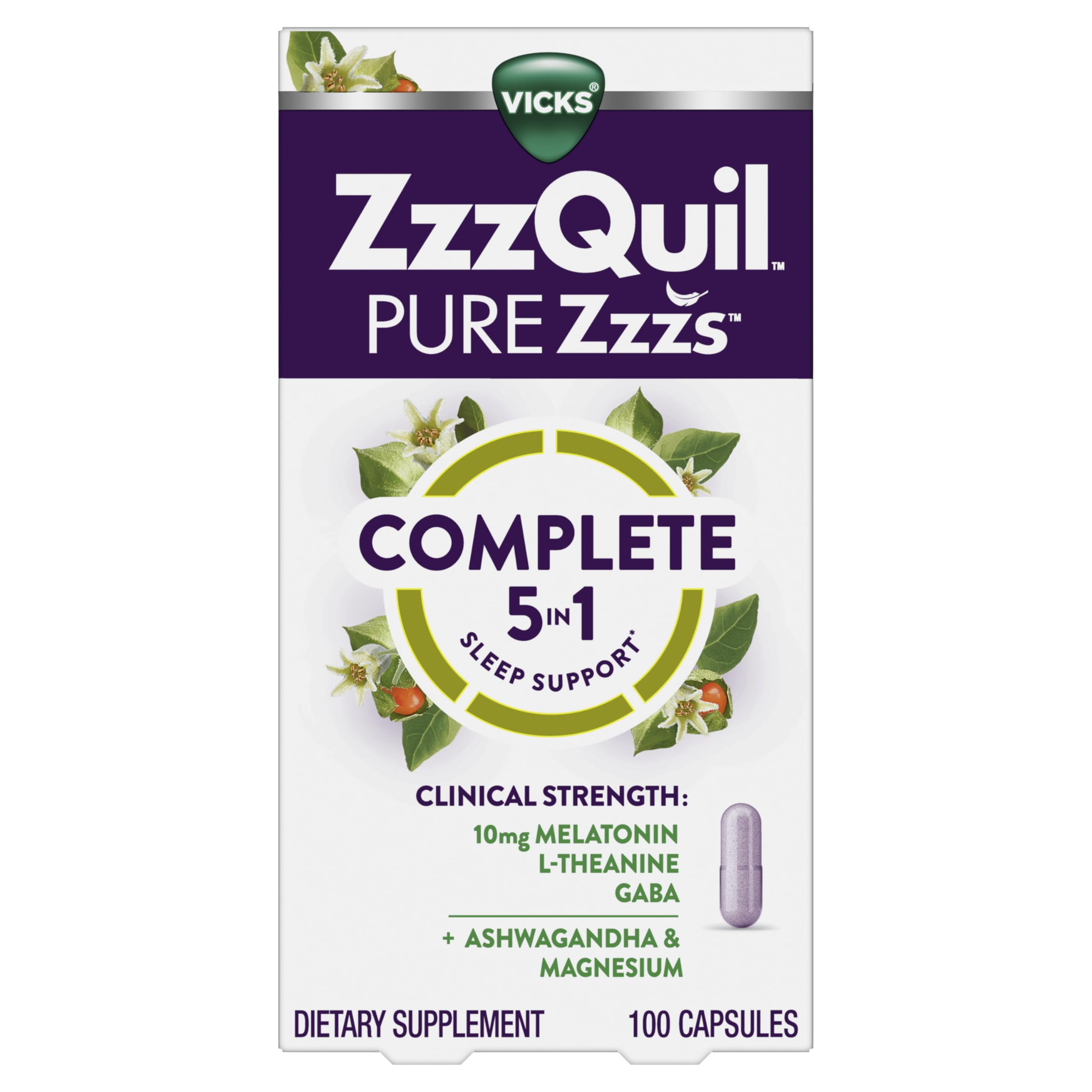 ZzzQuil Pure Zzzs Complete Sleep capsules close-up with calming presentation.