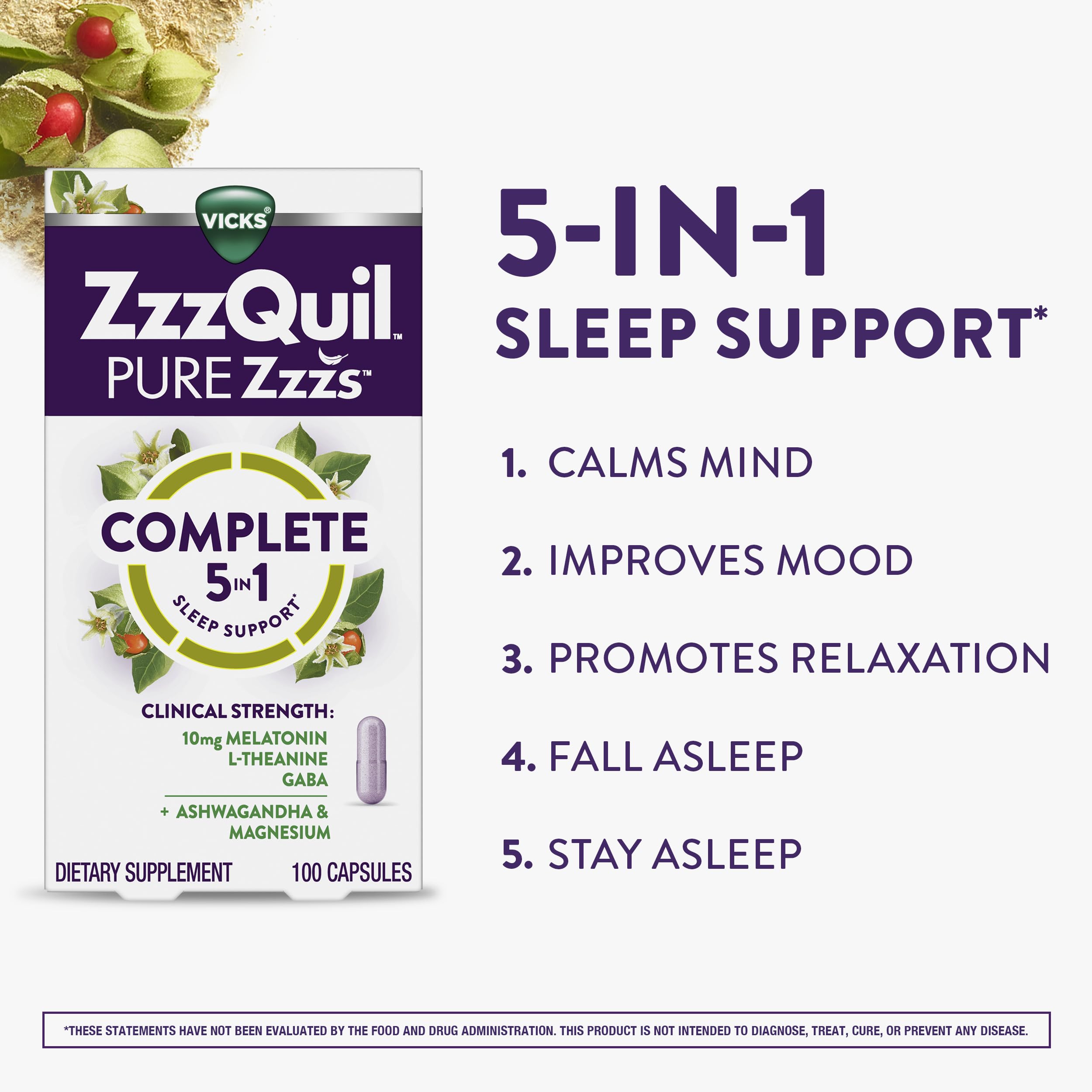 ZzzQuil Pure Zzzs Complete Sleep label highlights melatonin content.