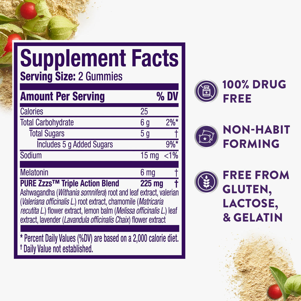 Gluten-free, lactose-free, and gelatin-free ZzzQuil PURE Zzzs sleep gummies on a clean surface