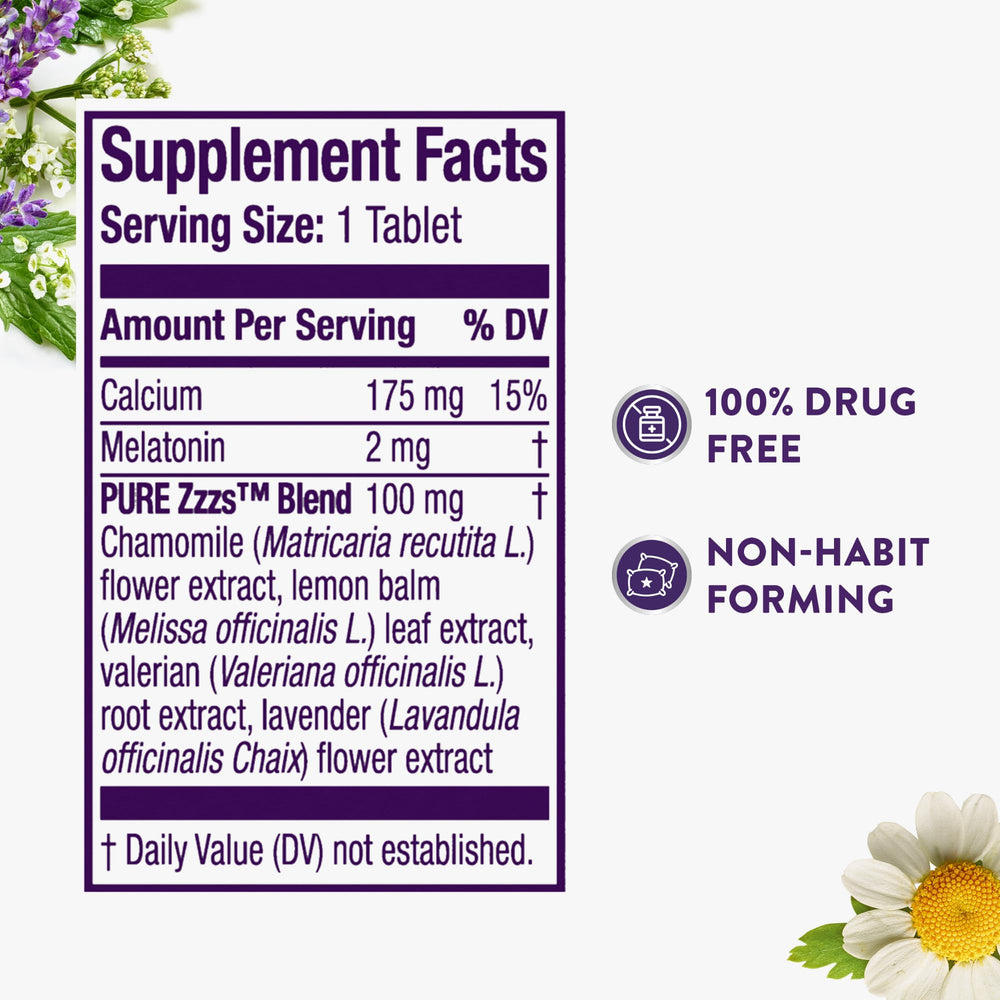 ZzzQuil Pure Zzzs melatonin 2 mg label on tablet.