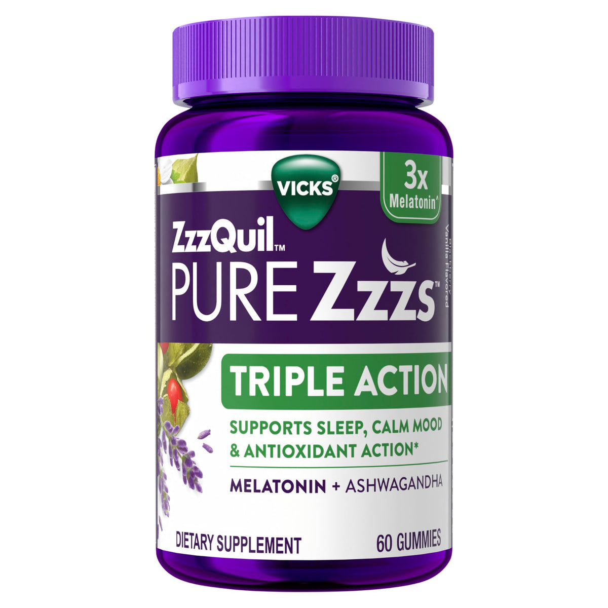 ZzzQuil PURE Zzzs triple action gummies bottle on a nightstand for a calmer sleep routine