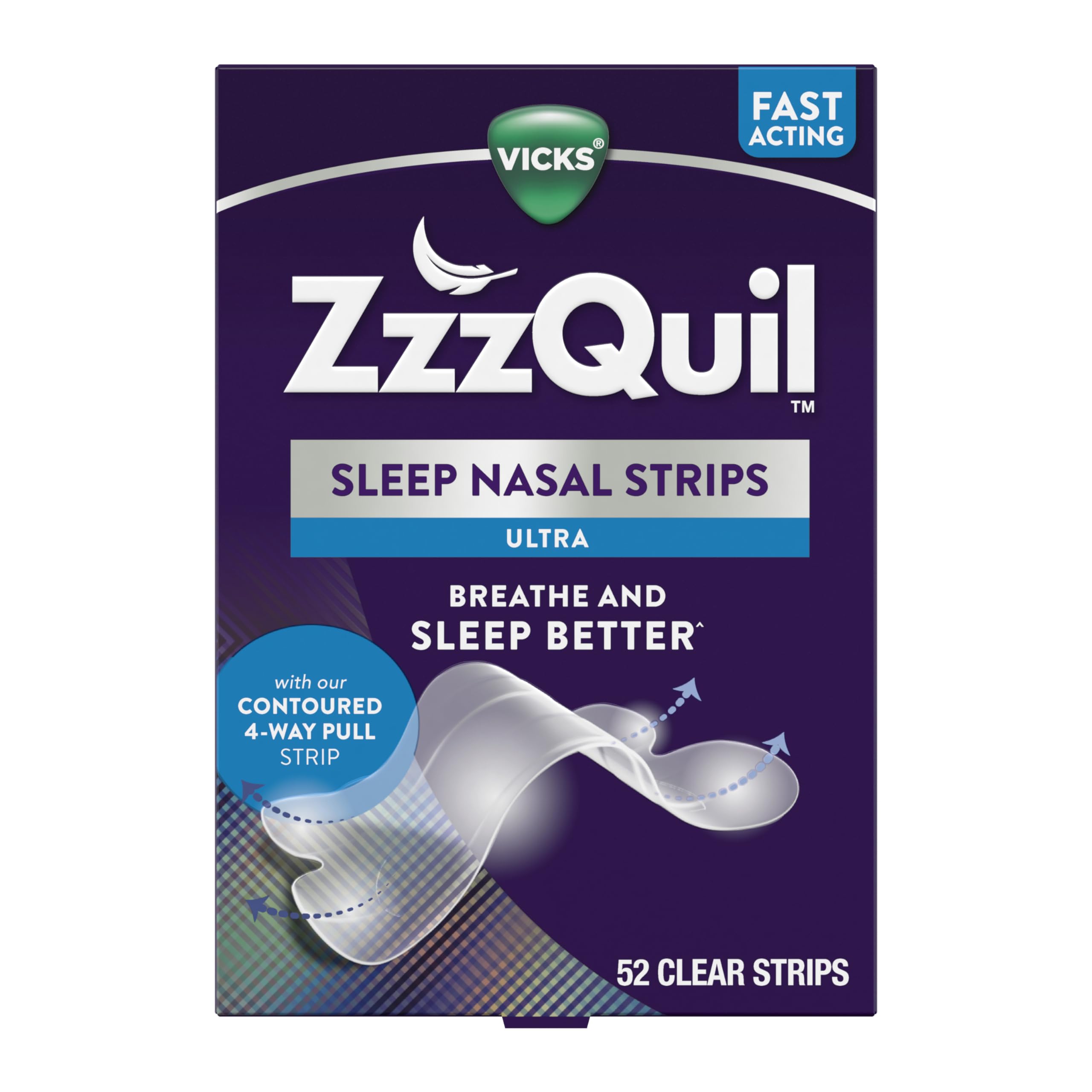ZzzQuil Sleep Nasal Strips applied on nose for easier nighttime breathing