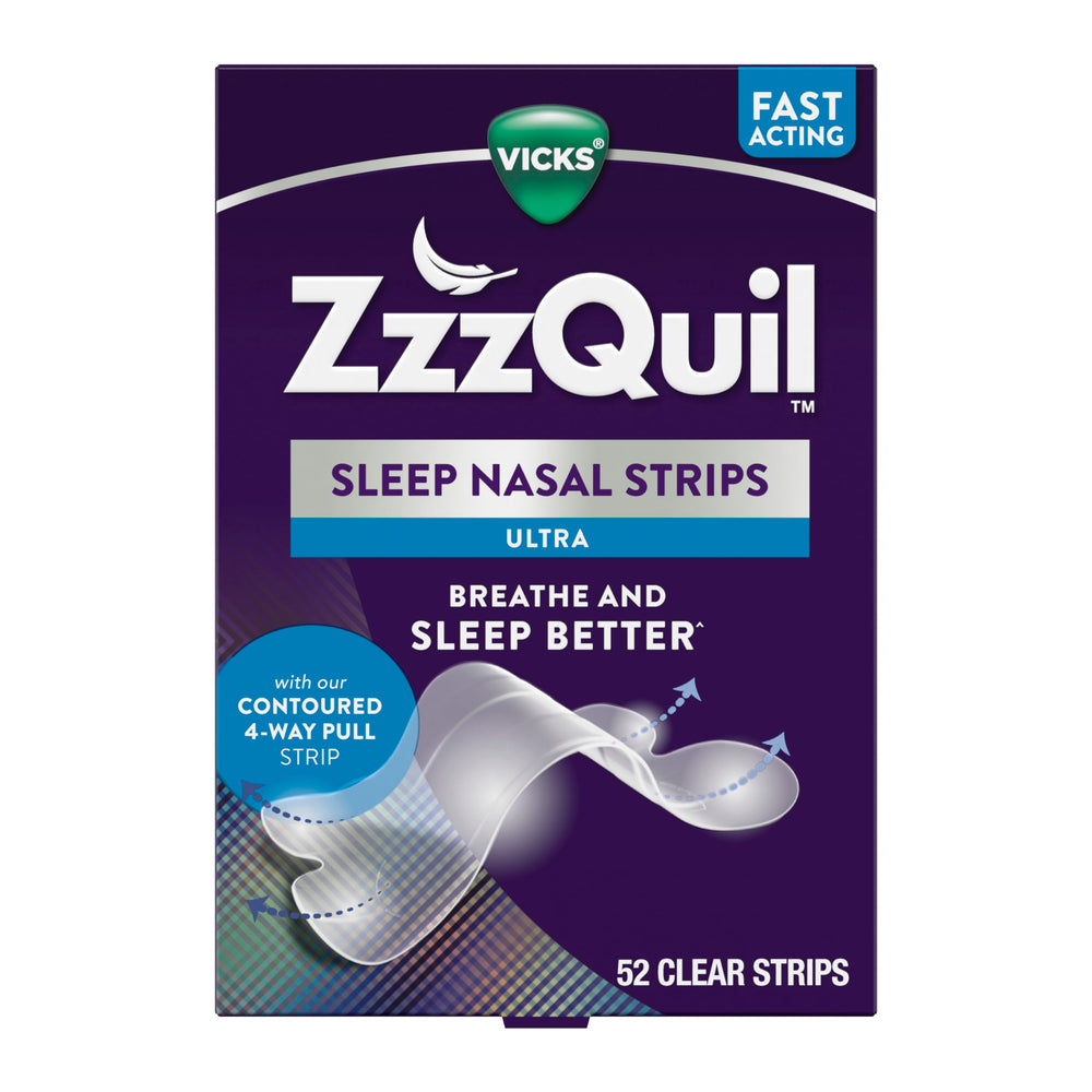 ZzzQuil Sleep Nasal Strips applied on nose for easier nighttime breathing