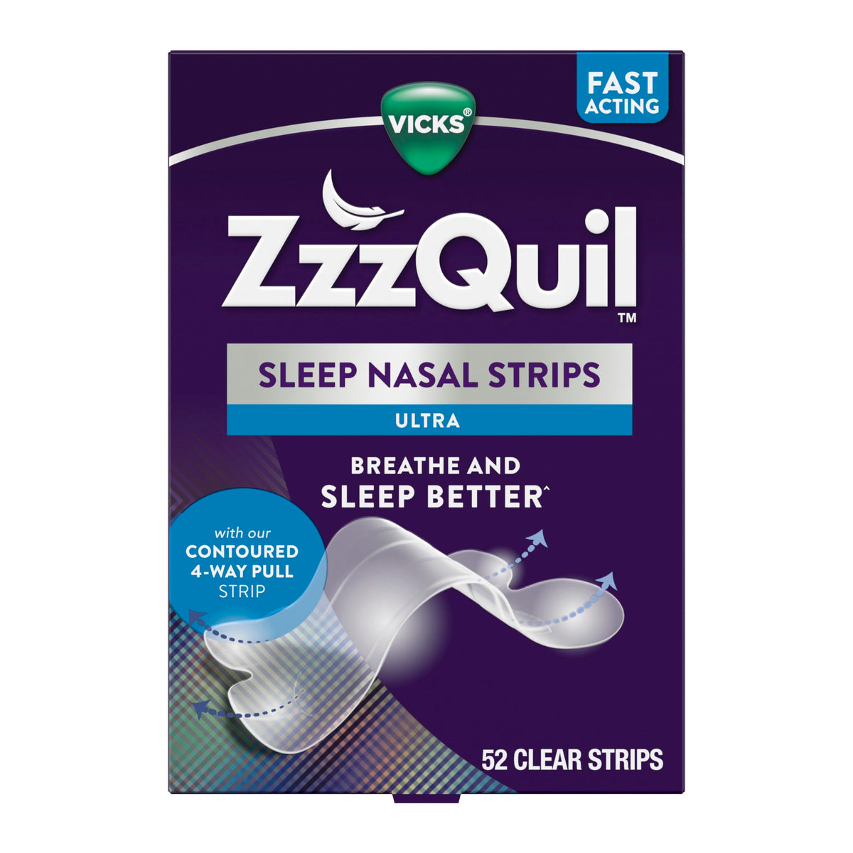 ZzzQuil Sleep Nasal Strips applied on nose for easier nighttime breathing