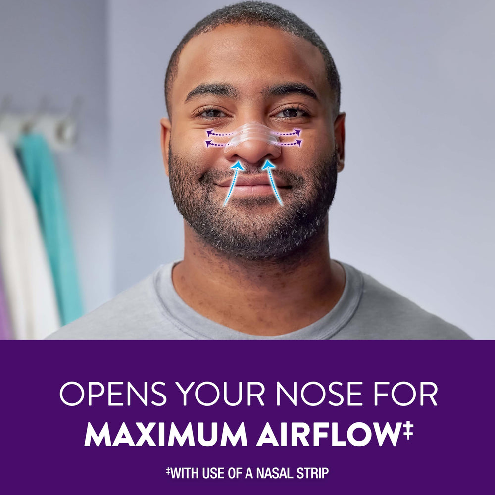 ZzzQuil Sleep Nasal Strips with four-point pull design opening nasal passages